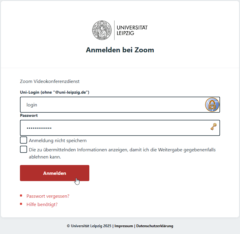 Login-Seite der Universität Leipzig mit Feldern für Login und Passwort, sowie Button "Anmelden"
