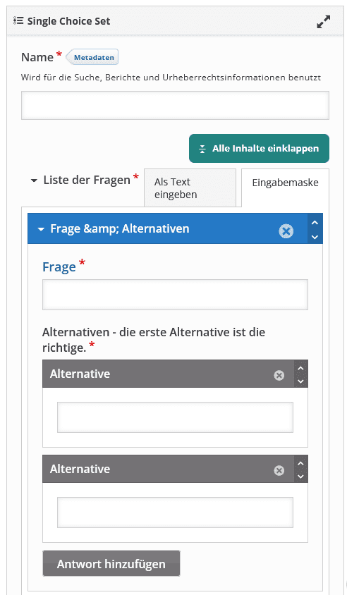 Screenshot des anschließend folgenden Bereiches "Single Choice Set" zur Einstellung der H5P Aktivität mit einem Eingabefeld "Namen" und einklappbaren Eingabefeldern für Fragen und Antworten unter "Liste der Fragen.