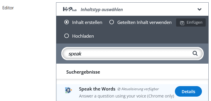 Screenshots der Seite "Einstellungen" einer H5P-Aktivität in Moodle. Im Bereich Editor ist im ersten Suchfeld "Speak the words" gewählt.