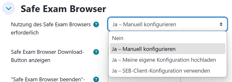 Screenshot der Einstellungen einer Test-Aktivität in Moodle. Unter "Safe Exam Browser" ist das Menü "Nutzung des Safe Exam Browsers erforderlich" aufgeklappt. In dem sich die im folgenden Beschriebenen Optionen befinden.