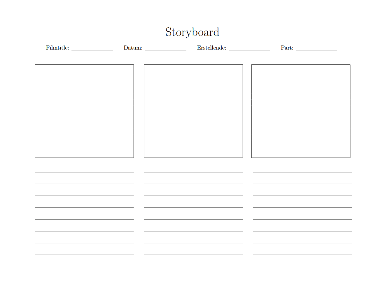 Screenshot einer Storyboard-Vorlage. Im oberen Bereich werden Filmtitel, Datum, Erstellende und Part eingetragen. Darunter drei gleich Bereich nebeneinander, in denen oben jeweils ein leeren Quadrat und darunter leere Zeilen zum Ausfüllen sind.