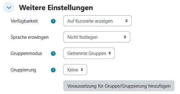 Screenshot der Einstellungen einer Etherpad-Aktivität. Unter "Weitere Einstellungen" ist das Dropdown-Menü "Gruppenmodus" auf "Getrennte Gruppen" gestellt.