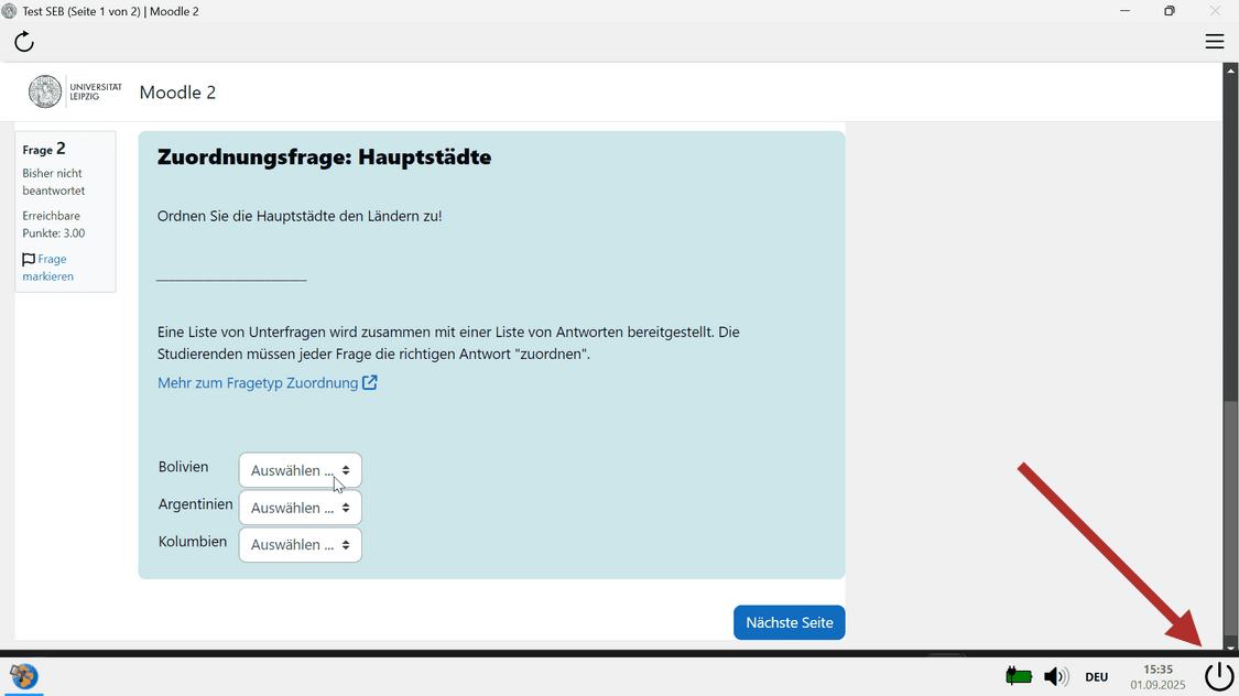 Ansicht des Monitors im SEB, um die große Ansicht einer Moodle-Test herum befinden sich nur minimale Taskleisten mit wenigen Buttons zur Interaktion. Ein großteil der Windows-Funktionen ist ausgeblendet. Der Button Sitzung beenden in der rechten unteren Ecke ist hervorgehoben.