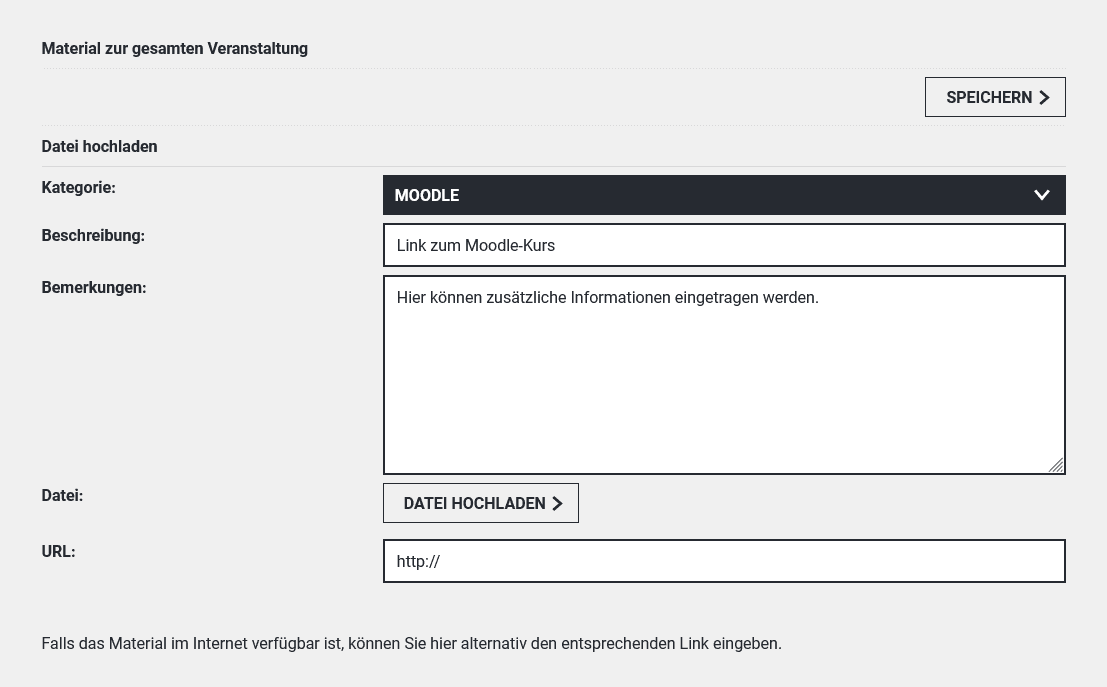 Scrrenshot der Ansicht "Material hinzufügen" im AlmaWeb. Unter "Kategorie" ist "Moodle" gewählt.