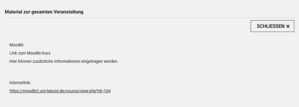 Screenshot der Seite "Material zur gesamten Veranstaltung" aus Studierendensicht. Ein Link ist im Text platziert.