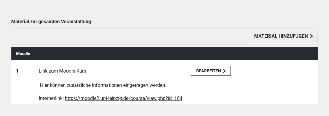 Ansicht "Material zur gesamten Veranstaltung" in einer AlmaWeb-Veranstaltung aus Lehrenden-Sicht. Unter dem Button "Material hinzufügen" befindet sich ein Abschnitt, der einen Moodle-Kurs beschreibt. Daneben der Button "Bearbeiten".