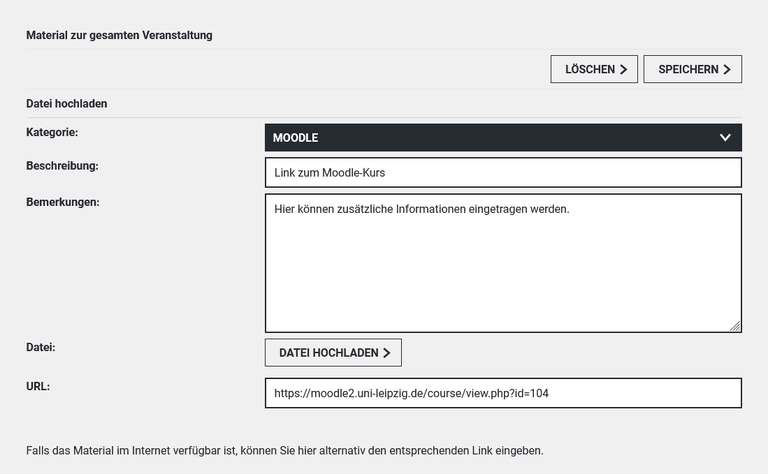 "Bearbeiten"-Ansicht des Moodle-Kurses in AlmaWeb. Der Button "Löschen" befindet sich direkt unter der Überschrift.