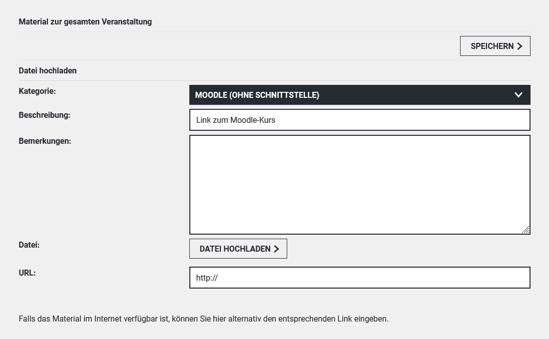 Scrrenshot der Ansicht "Material hinzufügen" im AlmaWeb. Unter "Kategorie" ist "Moodle" gewählt.