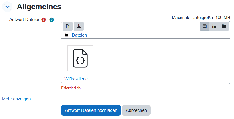Ansicht der Upload Seite aus Lehrenden-Sicht nach Klick auf "Antwort-Dateien hochladen". Die Datei wird über den Button "Datei hinzufügen" aus dem Dateibrowser gewählt und anschließend mit "Antwort-Datei hochladen" bestätigt.