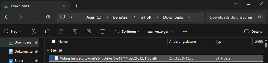 Ansicht des "Downloads"-Ordner auf dem Studierenden-PC. Die entsprechende Datei mit mit der Endung ".eth" versehen.