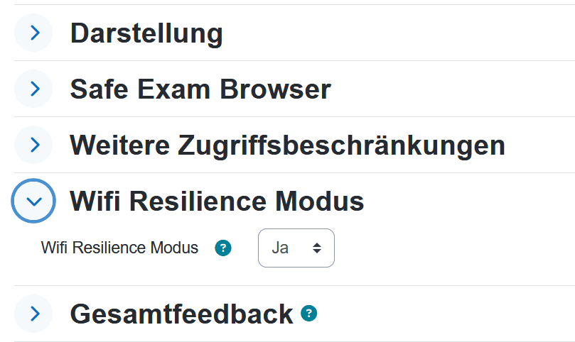 Screenshot der Einstellungsseite einer "Test"-Aktivität. Der Abschnitt "Wifi Resilience Modus" ist ausgeklappt und im Dropdown-Menü "Ja" aktiviert.