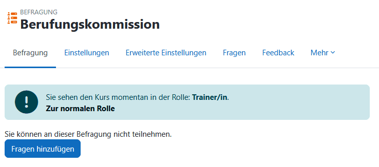 Screenshot des Aktivität aus Erstellersicht. Der Button "Fragen hinzufügen" erscheint unter der Optionsleiste.