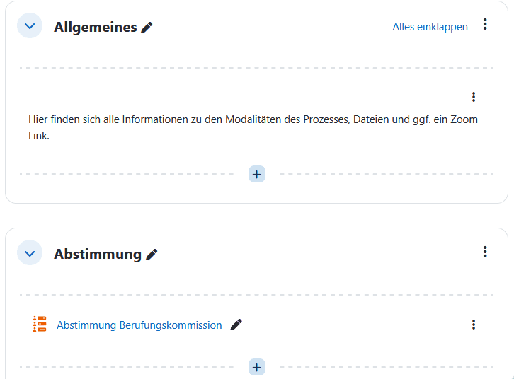 Screenshot eines Moodle Kurses der in zwei Abschnitten einen kurzen Einführungstext und eine Befragungs-Aktivität beinhaltet.