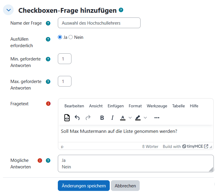 Screenshot des Abschnittes "Checkboxen-Frage hinzufügen" in dem die zuvor erwähnten Optionen getroffen werden.