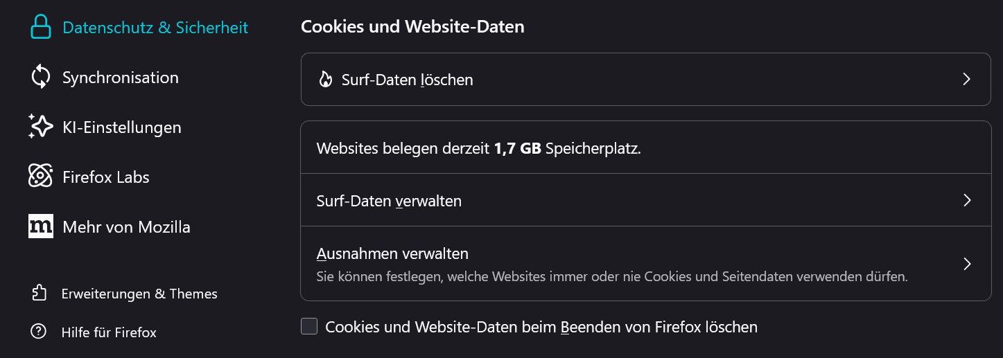 Einstellungen auf der Seite "Datenschutz & Sicherheit" unter dem Punkt "Cookies und Webseiten-Daten"