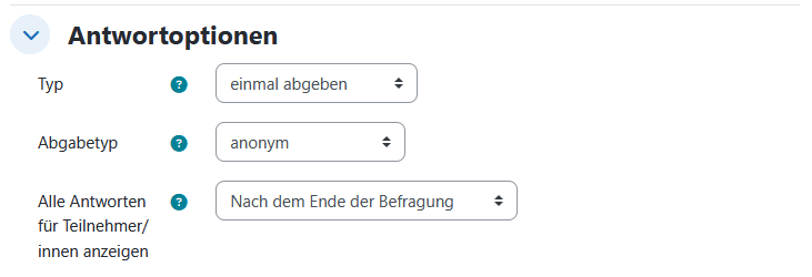 Screenshot des Abschnittes "Antwortoptionen" in den Einstellungen einer Befragungsaktivität.