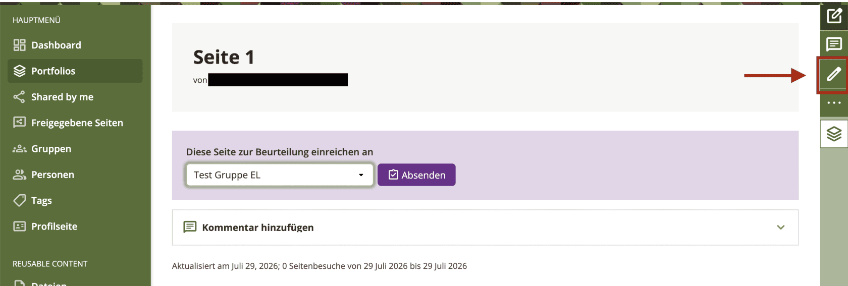 Bildschirmfoto einer beliebigen erstellten Seite. Rechts außen gibt es einen Pfeil, der auf das Feld "Bearbeiten" (Stift) hinweist.