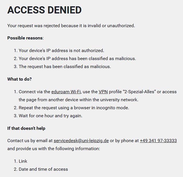 Screenshot showing the "Access denied" message, its possible causes, and available solutions