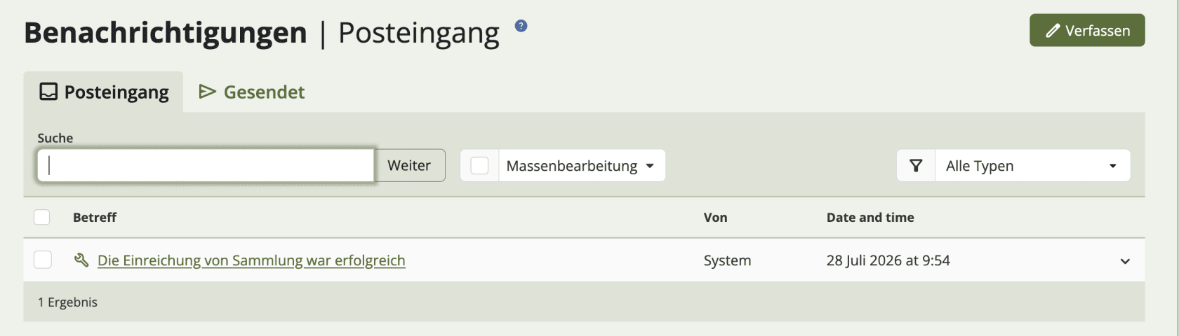Bildschirmfoto der Seite "Benachrichtigungen". Mit den Reitern kann zwischen "Posteingang" und "Gesendet" gewechselt werden. Darunter können die einzelnen Nachrichten angeklickt werden, um sie zu öffnen.