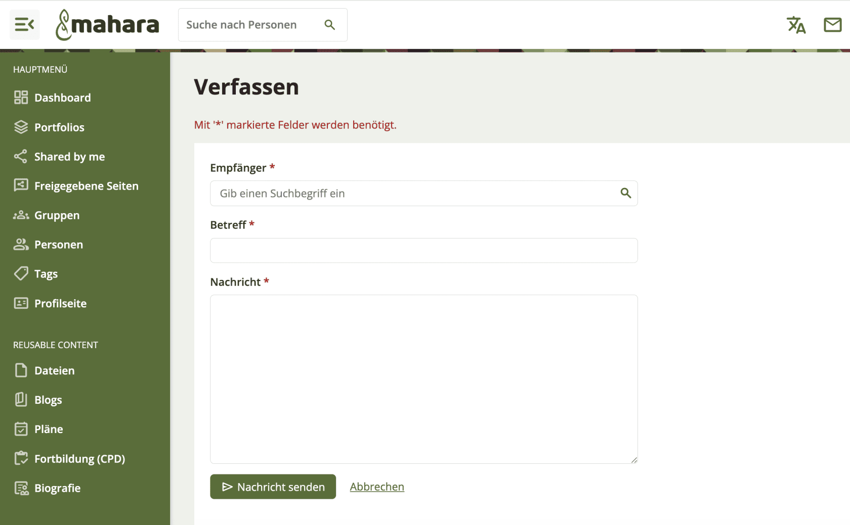 Bildschirmfoto einer Beispielnachricht. Hier kann der Betreff und die Nachricht eingegeben werden und die Nachricht auf dem Button "Nachricht senden" gesendet werden.