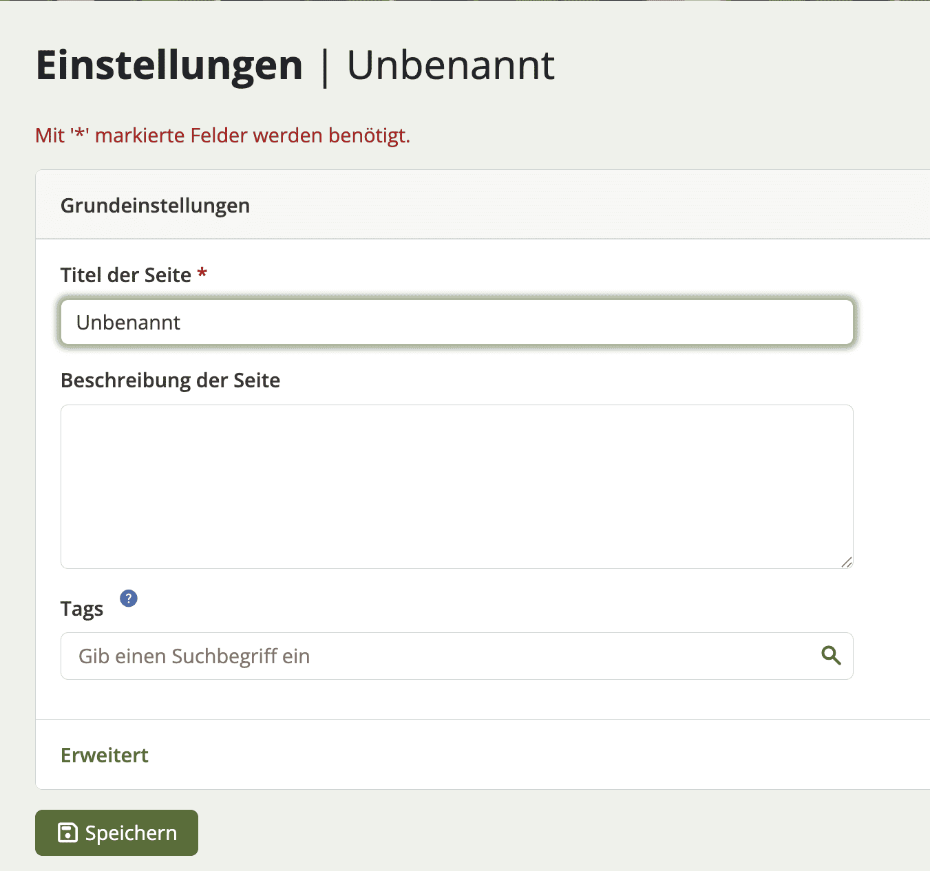 Bildschirmfoto der Einstellungen für eine erstellte Seite.