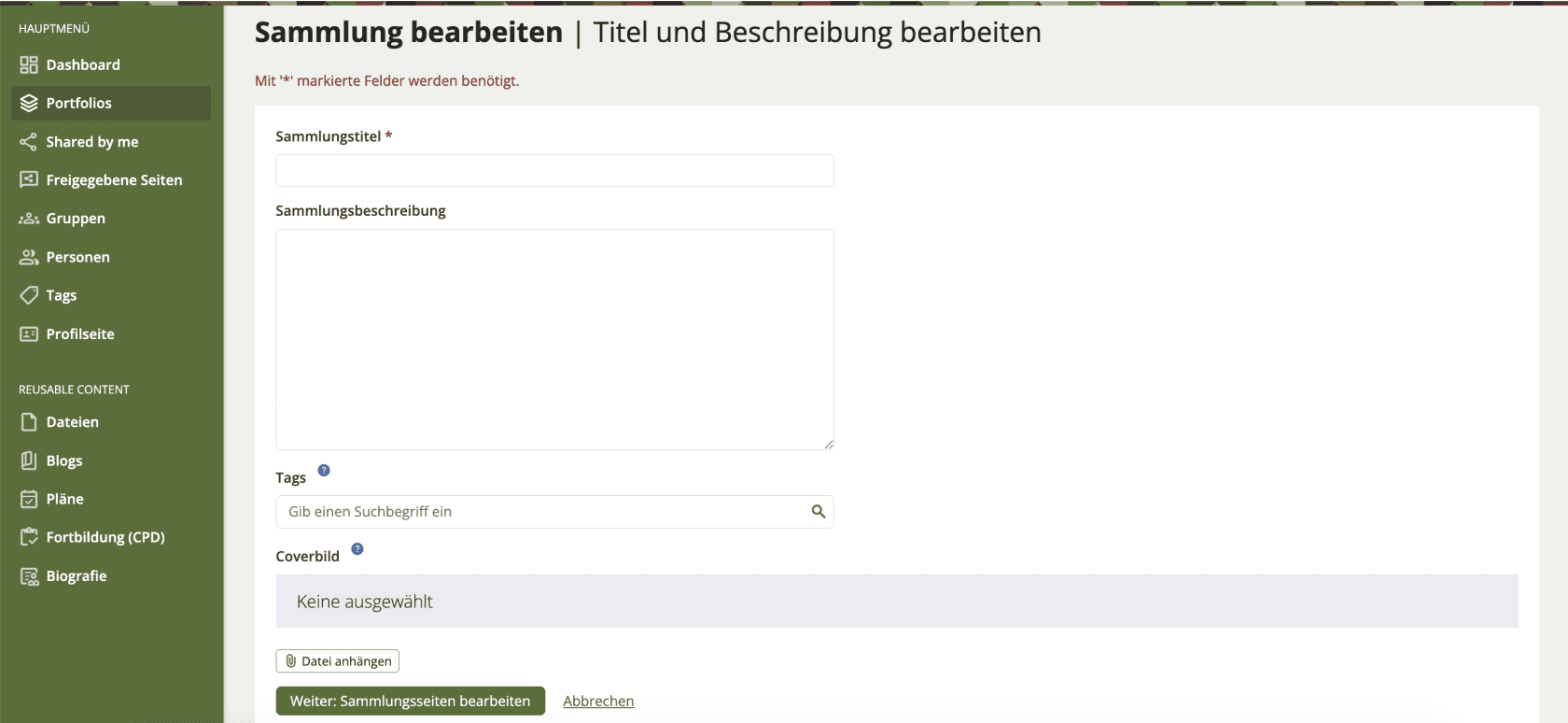 Bildschirmfoto der Sammlungseinstellungen. Sie können der Sammlung einen Namen geben, ein Coverbild auswählen oder Tags hinzufügen, sowie unten auf "Weiter: Sammlungsseiten bearbeiten" klicken.