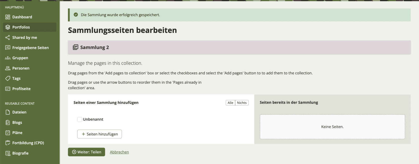Bildschirmfoto der Seite "Sammlung bearbeiten". Sie können hier Seiten hinzufügen, die bereits hinzugefügten Seiten sehen und sie anschließend teilen.
