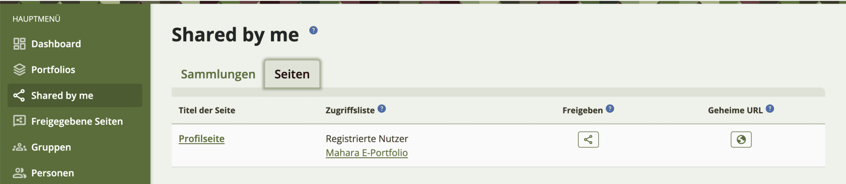 Bildschirmfoto der Seite "Shared by me". Mit den Reitern kann zwischen "Sammlungen" und "Seiten" gewechselt werden.