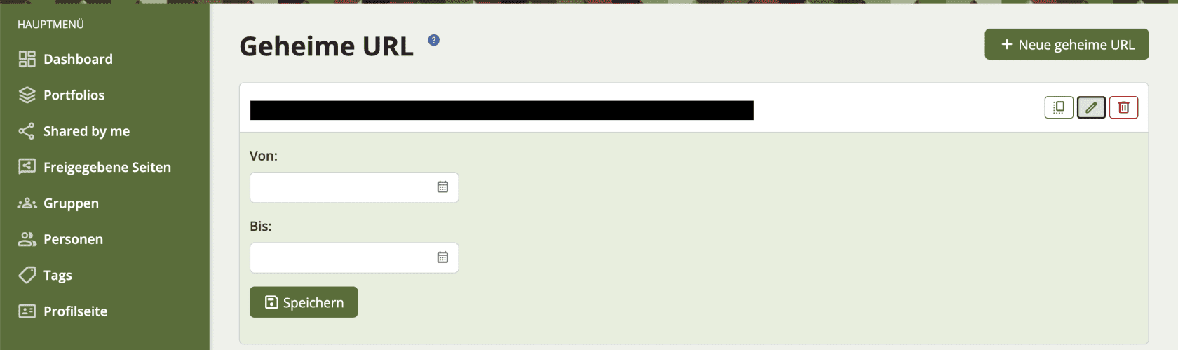 Bildschirmfoto des Bereichs "Geheime URL" mit der Auswahl eines Verfügbarkeitszeitraums.