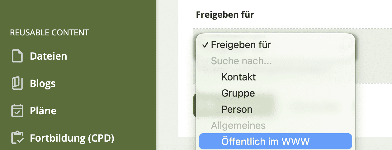 Bildschirmfoto des Bereichs "Freigeben für" und dem betreffenden Feld "Öffentlich im WWW", welches Sie über das Dropdownmenü erreichen.