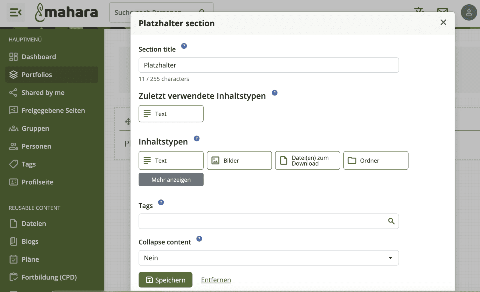 Bildschirmfoto der Block-Konfiguration eines neuen Inhalts. Hier kann ein Titel ausgewählt werden, die Inhaltsart bestimmt, Tags hinzugefügt und die Option, ob der Inhalt eingeklappt werden soll, bestimmt werden.
