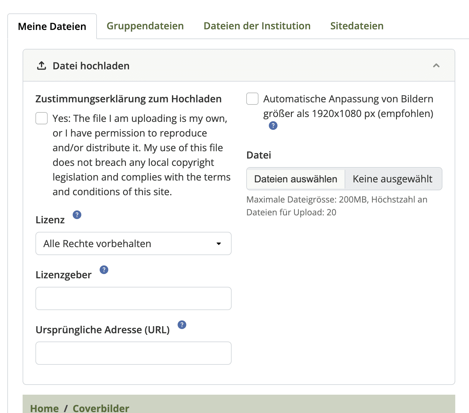 Bildschirmfoto der Lizenzabfrage, wenn eine Datei hochgeladen werden soll.