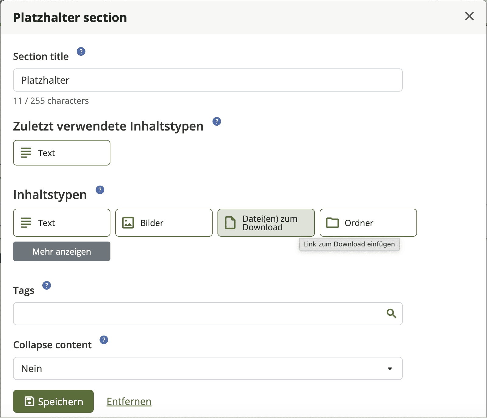 Bildschirmfoto des Fensters "Neuer Inhalt". Unter dem grau hinterlegten Feld kann eine "Datei(en) zum Download" ausgewählt werden, damit Dateien vom PC in Mahara hochgeladen werden können.
