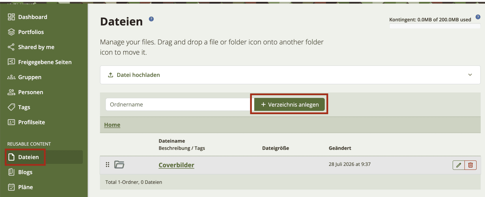 Bildschirmfoto der Seite "Dateien" (links im Hauptmenü rot markiert), auf welcher der Button "Verzeichnis anlegen" ebenfalls markiert ist.