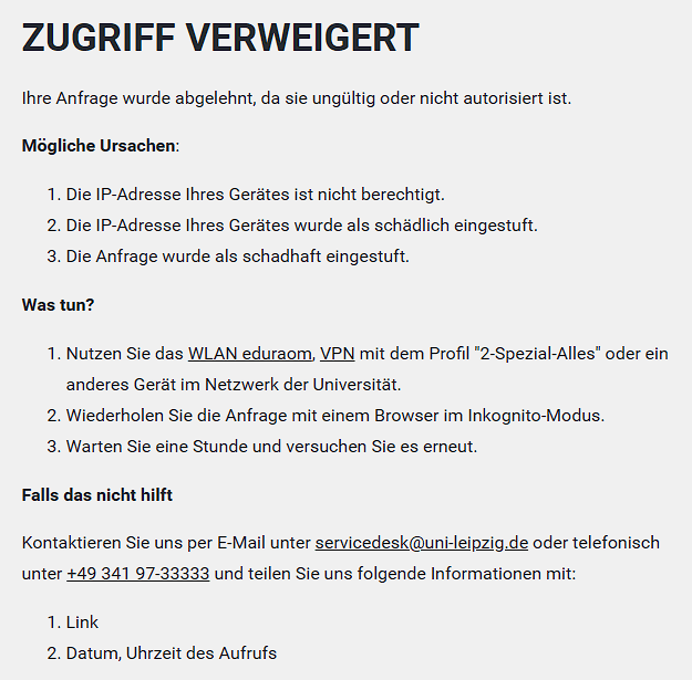 Screenshot, der die Meldung "Zugriff verweigert", deren mögliche Ursachen sowie Handlungsoptionen zeigt