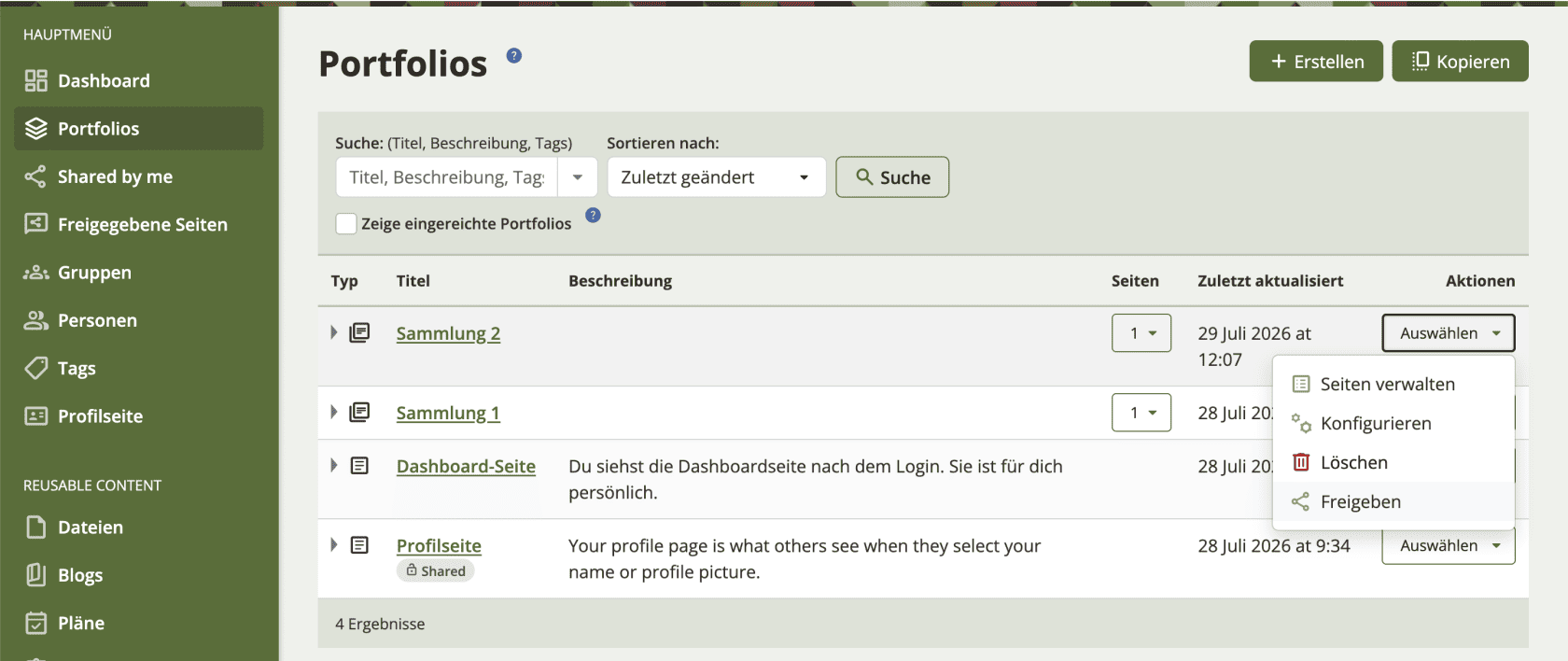 Bildschirmfoto der Seite "Portfolios" mit ausgeklapptem Dropdownmenü "Auswählen" aus welchem sich die Optionen "Seiten verwalten", "Konfigurieren", "Löschen" oder "Freigeben" auswählen lassen.