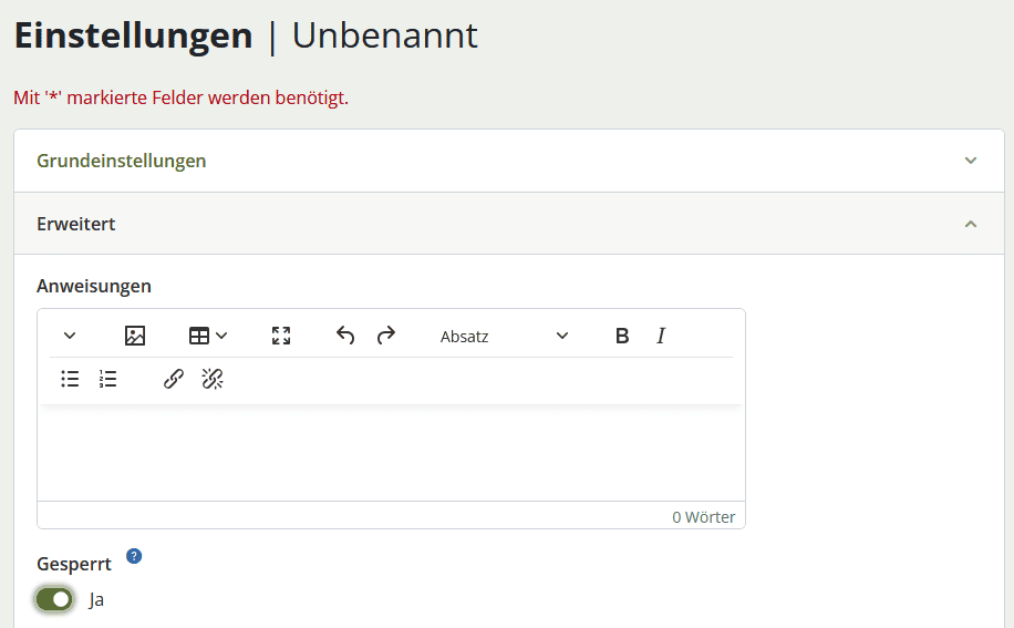 Screenshot des Abschnittes "Erweitert" auf der Ansicht zum Erstellen einer Gruppenseite. Unter dem Eingabefeld "Anweisungen" findet sich der Ja/Nein-Button "Gesperrt".