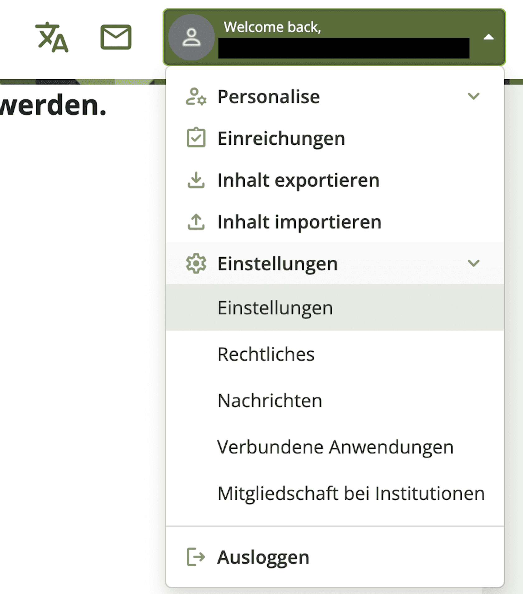 Screenshot des erweiterten Mahara Accountmenüs