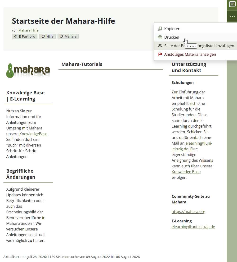 Screenshot einer Seite eines Mahara-Portfolios. Im Rechten Bereich ist das Menü "Weitere Optionen" geöffnet. An dritter Stelle befindet sich der Button "Drucken".