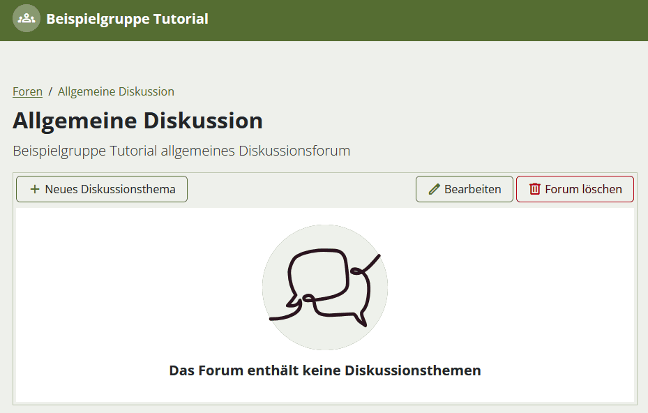 Screenshot eines geöffneten leeren Gruppenforums. Unter der Überschrift "Foren" finden sich die Buttons "Neues Diskussionsthema", "Forum bearbeiten" und "Forum löschen" drunter der Titel des Forums und die Beschreibung sowie die Notiz "Dieses Forum enthält keine Diskussionthemen".
