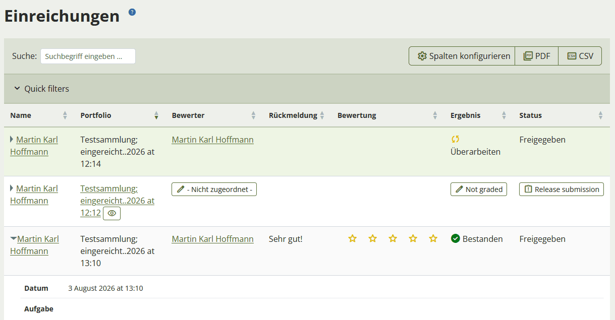 Screenshot des Bereiches Einreichen einer Mahara-Gruppe. Tabellarisch die genannten Informationen zu den Portfolios.