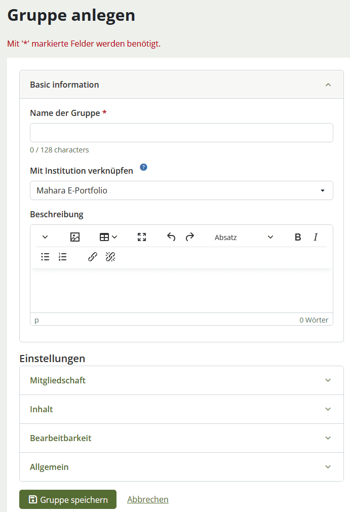 Screenshot des oberen Bereiches der Seite "Gruppe anlegen" mit den Eingabefeldern "Name der Gruppe" und "Beschreibung der Gruppe". Darunter folgt der Abschnitt "Einstellungen".