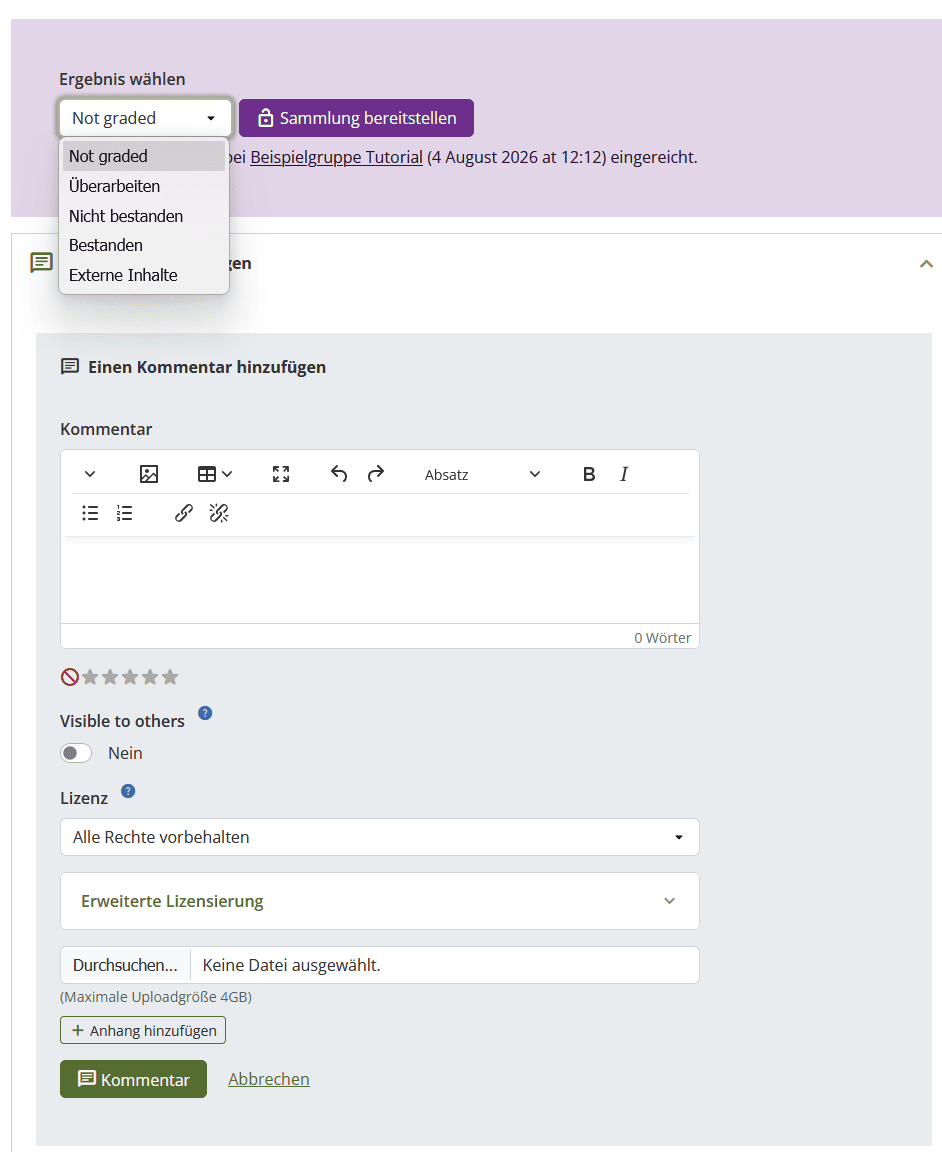 Screenshot des unteren Bereiches eines zu bewertenden Porfolios. Nach der Anmerkung: Die Sammlung wurde bei Tutorial Gruppe (4. November 2024 um 10:35) eingereicht folgt ein Dopdown-Men&uuml; mit den Optionen &Uuml;berarbeiten, Nicht bestanden und Bestanden. Danach ein Button Sammlung bereitstellen. Darunter ist ein Textfeld Ihren Kommentar hinzuf&uuml;gen platziert sowie ein Feld Bewertung in dem 1-5 Sterne durch anklicken vergeben werden k&ouml;nnen. Am Ende folgt ein Button Kommentar, der hevorgehoben ist.