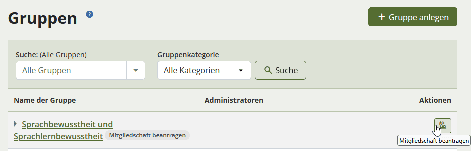 Screenshot einer Gruppe in der vorherigen Liste bei der Statt des Buttons "Jetzt Mitglied werden" der Button "Mitgliedschaft beantragen" erscheint.