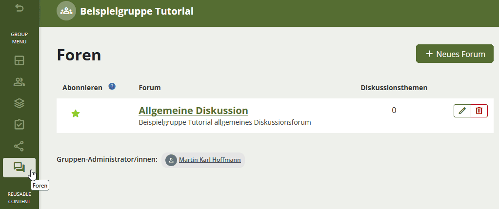 Screenshot der Gruppenansicht "Foren". Rechts der Überschrift "Foren" befindet sich der Button "+ Neues Forum".