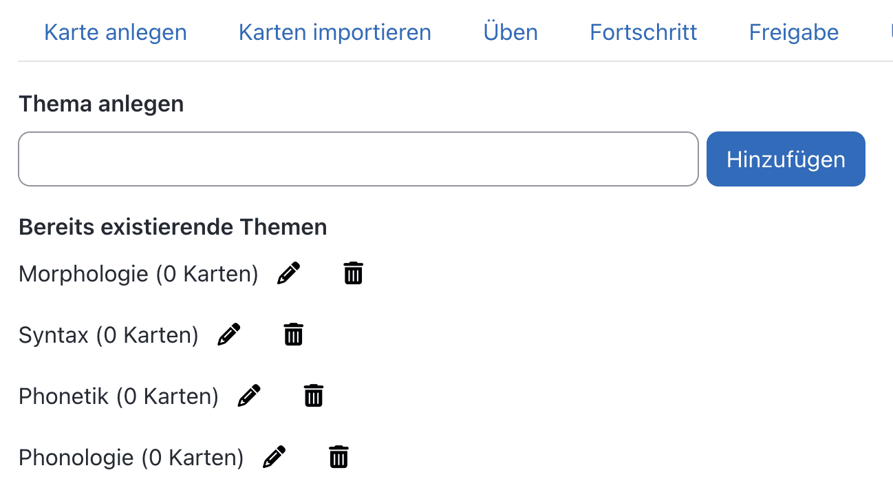 Bildschirmfoto des Bereichs "Themen anlegen" mit vorhandenen Themen