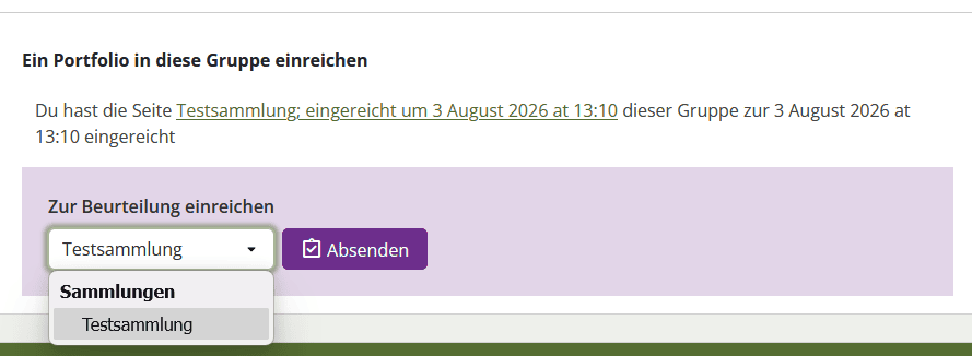 Screenshot des Abschnittes "Ein Portfolio in diese Gruppe einreichen" einer Mahara-Gruppen-Hauptseite. Darunter das Dropdown-Menü "Zur Beurteilung einreichen" in dem eine Auswahl der eigenen Seiten und Sammlungen getroffen werden kann.