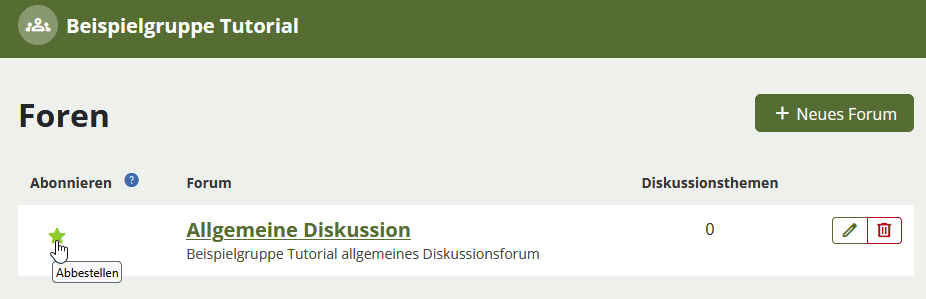 Screenshot der Seite Foren, die tabellarisch aufgelistet sind, in der linken Spalte der Tabelle "Abbonieren" befindet sich zu jeder Zeile der Button "Abbestellen".