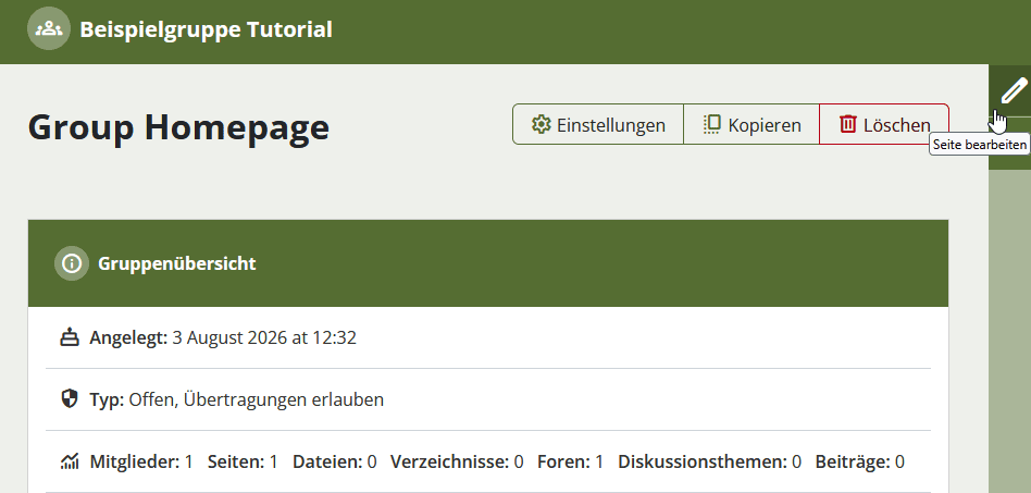 Screenshot der Hauptseite "Group Home" einer geöffneten Mahara-Gruppe. Im oberen Bereich die Informationen Gründungsdatum, Übertragungen, Mitglieder und Inhalte und die Buttons "Seite bearbeiten", "Einstellungen", "Kopieren" und "Löschen" im rechten Bereich. Ganz am rechten Rand ist der Button "Seite bearbeiten" hervorgehoben.