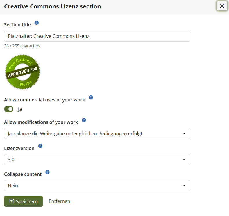 Screenshot des Fensters zu Hinzufügen einer Creative Commons Lizenz mit Eingabe- und Auswahlfeldern zu "Blocktitel" "Die gewerbliche Nutzung erlauben", "Die Weiterbearbeitung des Werks erlauben", "Lizenzversion" und "Einklappbar", sowie dem Button "Speichern".